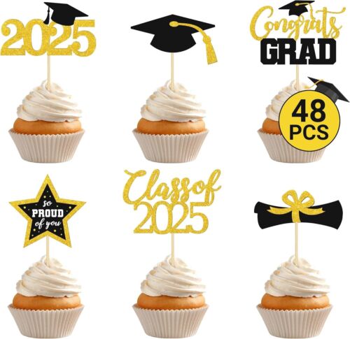 Graduation Cupcake Toppers 2025 6 Style Black and Gold Graduation Cake 48 PCS