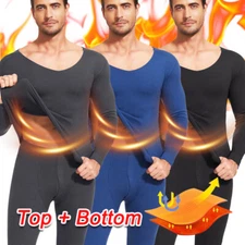Men Fleece Lined Thermal Underwear Set V-Neck Base Layer Long Johns Top Bottom