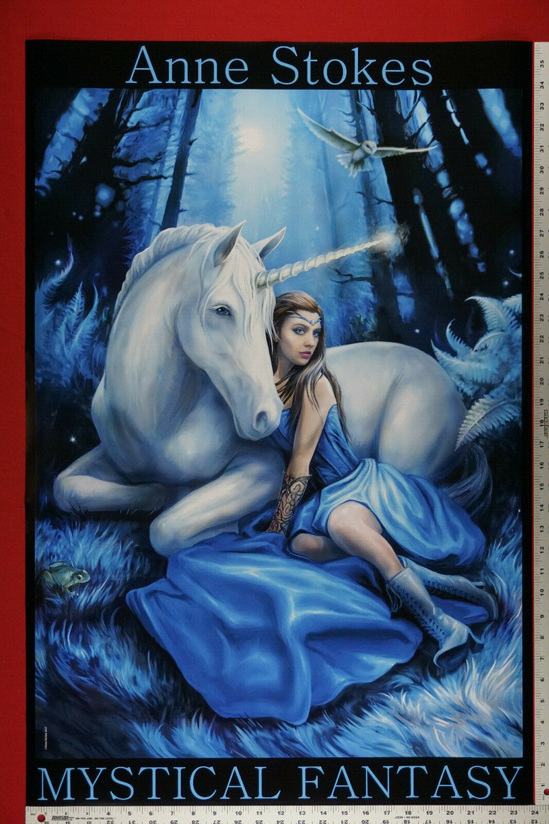 Mystical Fantasy Anne Stokes Unicorn Girl Blue Dress Poster