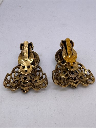 Vintage Gold Grün Mond Leuchten Strass Insekt Ohrringe Krappen Set - Bild 6 von 6