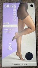 Silk Impressions ~ 2 Pair Pantyhose Black 15 Denier Sheer Ultra Fine ~ 2XL