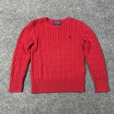 Polo Ralph Lauren Sweater Youth 8 Red Cable Knit Crewneck Cotton Logo Pullover