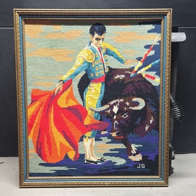 VTG Penelope Toro Needlepoint Matador & Bull Wooden Frame Textile Fabric  Art