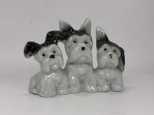 Vintage 2.5" Porcelain Schnauzer Dog Figurine Trio Gray & White Terrier Puppies