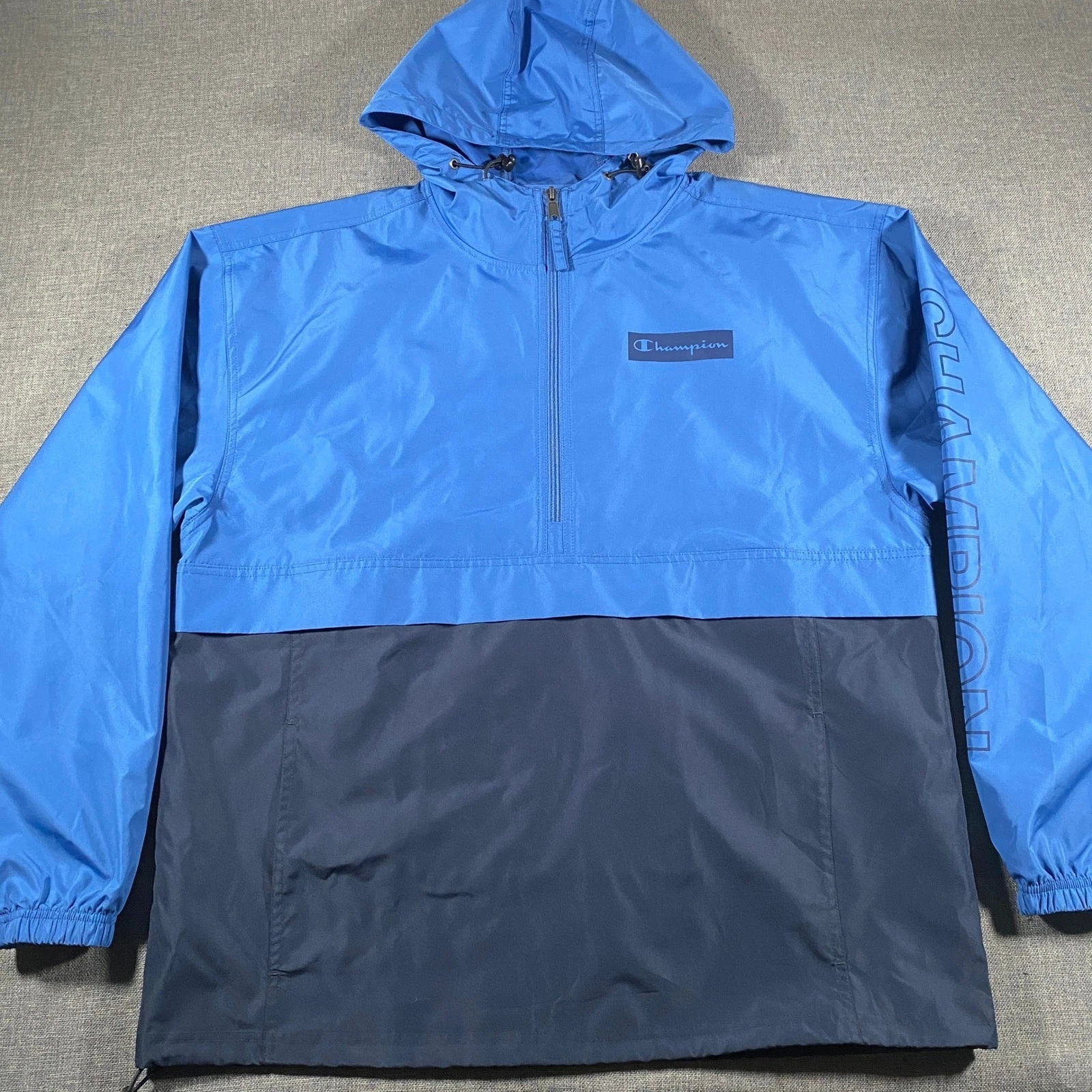 Champion Anorak Windbreaker Mens Large Blue Colorblock Half Zip Hooded Jacket