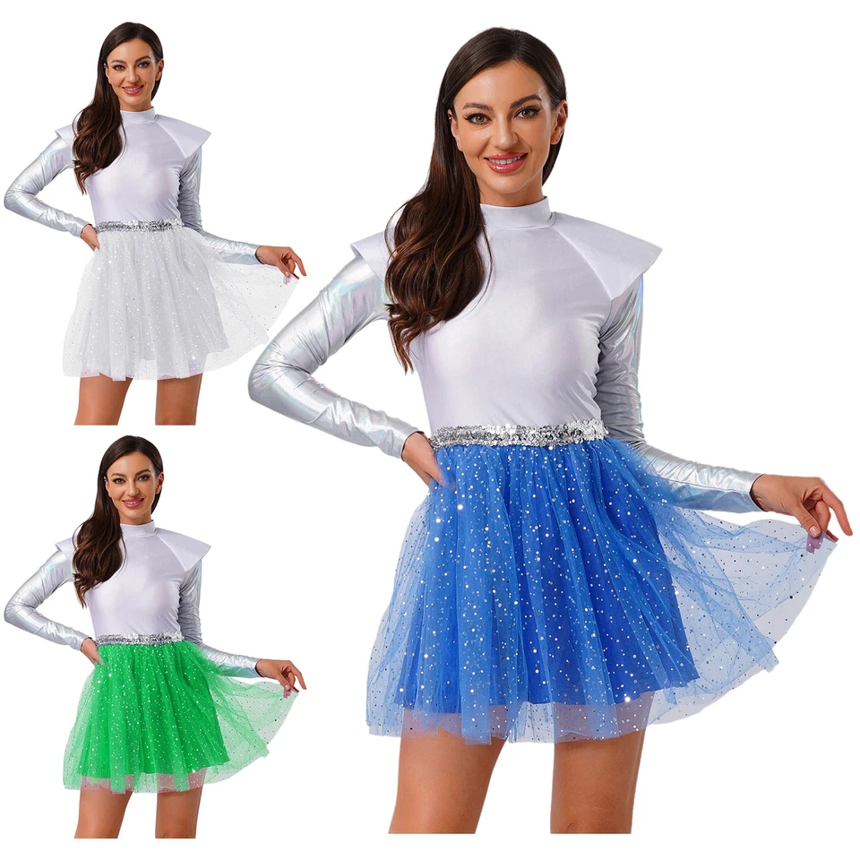 Mujeres Vestido Simulado Cuello Trajes Uniformes Brillantes Halloween Astronauta Disfraz Sexy Foto 2 de 3