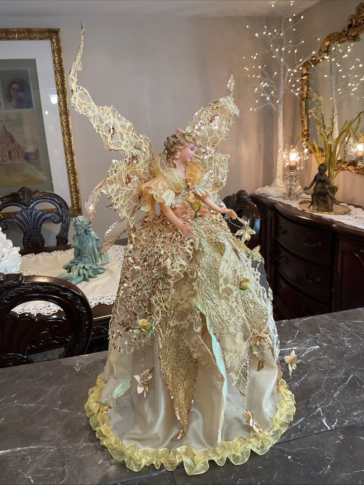 圣诞仙女天使树上衣金色和象牙色美丽细节 18 英寸 — 第 3/4 张图片