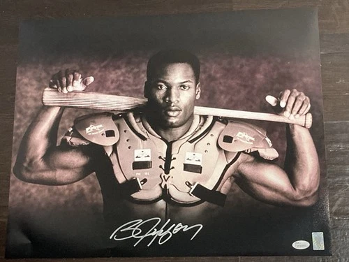 Bo Jackson Signed 16x20 Photo”Bo Knows” Shoulder Pads, Bat. JSA. NEW HOF