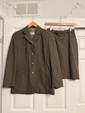 Coordinate Vtg Women's Brown/Green Pinstripe Lined Jacket Skirt Suit Set Sz 10