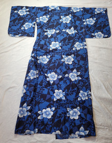 Japanese Style Kimono Cotton Yukata Blue White Floral  NO Belt 64" Long