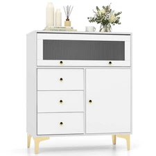 37.5" Tall Dresser Chest of Drawers with Flip-up Fluted Glass Door 2 Cabinets