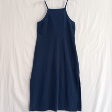 Madewell Midi Dress Large Blue Side Slit Coastal Minimalist Capsule Waredrobe