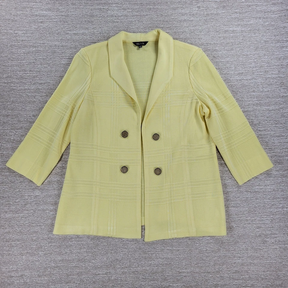 Chaqueta Suéter Tejido Misook PM Petite Amarillo Cuadros Doble Pecho Manga 3/4 Foto 2 de 4