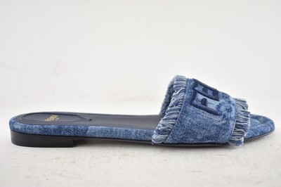 Fendi Sunshine Blue Denim Frayed FF Logo Mule Slide Flat Flip Flop