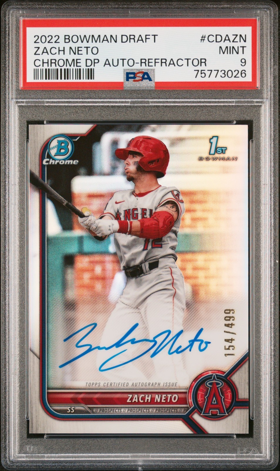 2022 Bowman Draft Chrome Zach Neto 1st Refractor Auto /499 PSA 9 LA Angels RC