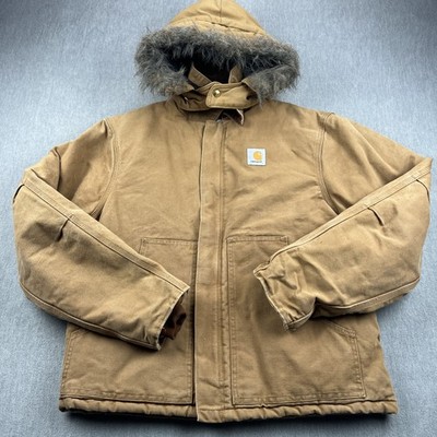 Vintage Carhartt J02 BRN Jacket Sz 46 Tall Arctic Quilt-Lined Canvas W/ Hood USA