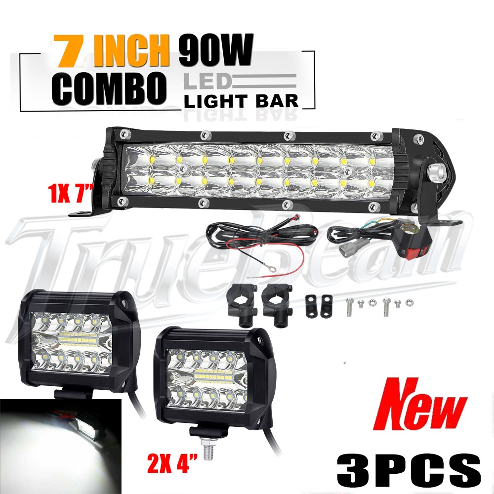 7" LED Light Bar +4" Pod WorkLights Spot Flood Offroad Truck Jeep ATV Motorcycle