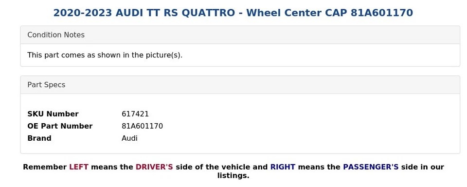 AUDI TT RS QUATTRO 2020-2023 - Tapa central de rueda 81A601170 Foto 4 de 4
