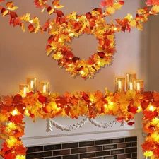 2 Pack Fall Decor Maple Leaves Garland with Lights Battery Operated Fall Thanksg