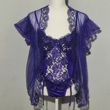 Vintage Lingerie Set Womens Medium 3 Pc Purple Teddie Sheer Lace Cover Stocking