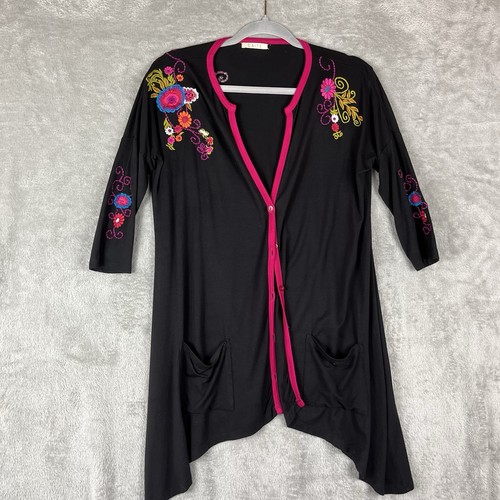 Túnica Caite Bordada Con Botones Talla M Negra Con Mangas Florales 3/4 Boho Hippie - Imagen 1 de 10