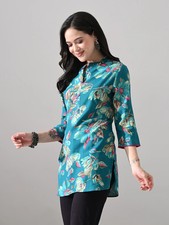 Indian Women Blue Rayon Floral Printed Kurta Kurti Top Tunic New Dress