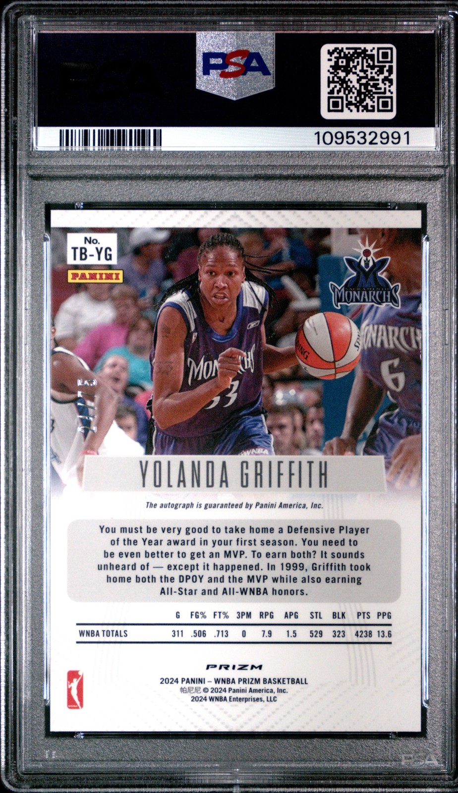 2024 PANINI PRIZM WNBA THROWBACK SIGNATURES YOLANDA GRIFFITH 24/75 PSA 10 AUTO view 2