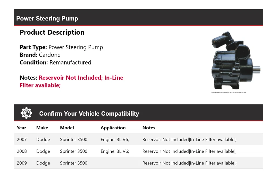 Bomba de dirección asistida Cardone 2008 para Dodge Sprinter 3500 2007-2009 Foto 2 de 4