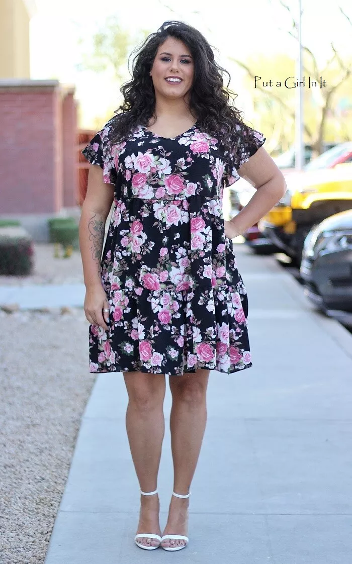 New Womens PLUS SIZE BLACK PINK FLORAL CHIFFON RUFFLE SWING DRESS 1X 2X 3X  USA