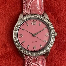 Silver Tone W/ Crystals Inlay Quartz Analog Ladies Watch Pink Band Needs Battery