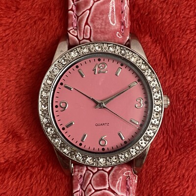 Silver Tone W/ Crystals Inlay Quartz Analog Ladies Watch Pink Band Needs Battery