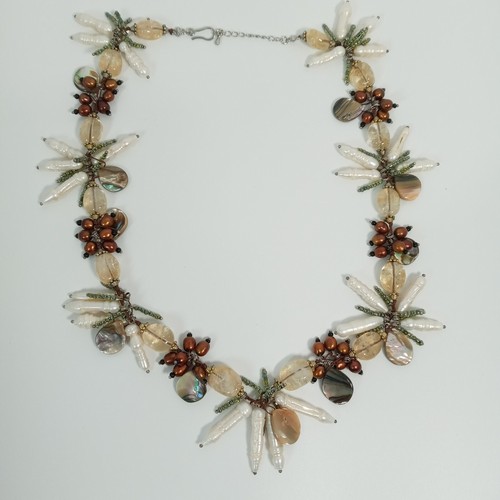 Unique Necklace Made With Pearls Abalone Quartz & Sead Beads Artisan - Picture 8 of 11