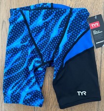 TYR Boy's Youth 22 Small Blue Black Swim Suit Speed Jammer OCEAN BLUE New