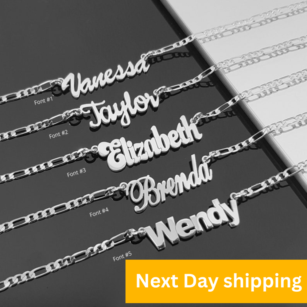 Personalized Silver Name Necklace Figaro Chain, Customize Any Name With 15 Fonts