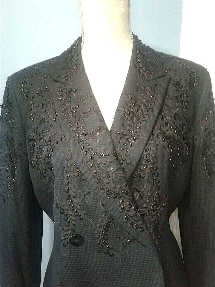 Blazer Chaqueta Badgley Mischka Couture 8 Seda Cuentas Formal Adornada Negra Foto 3 de 4