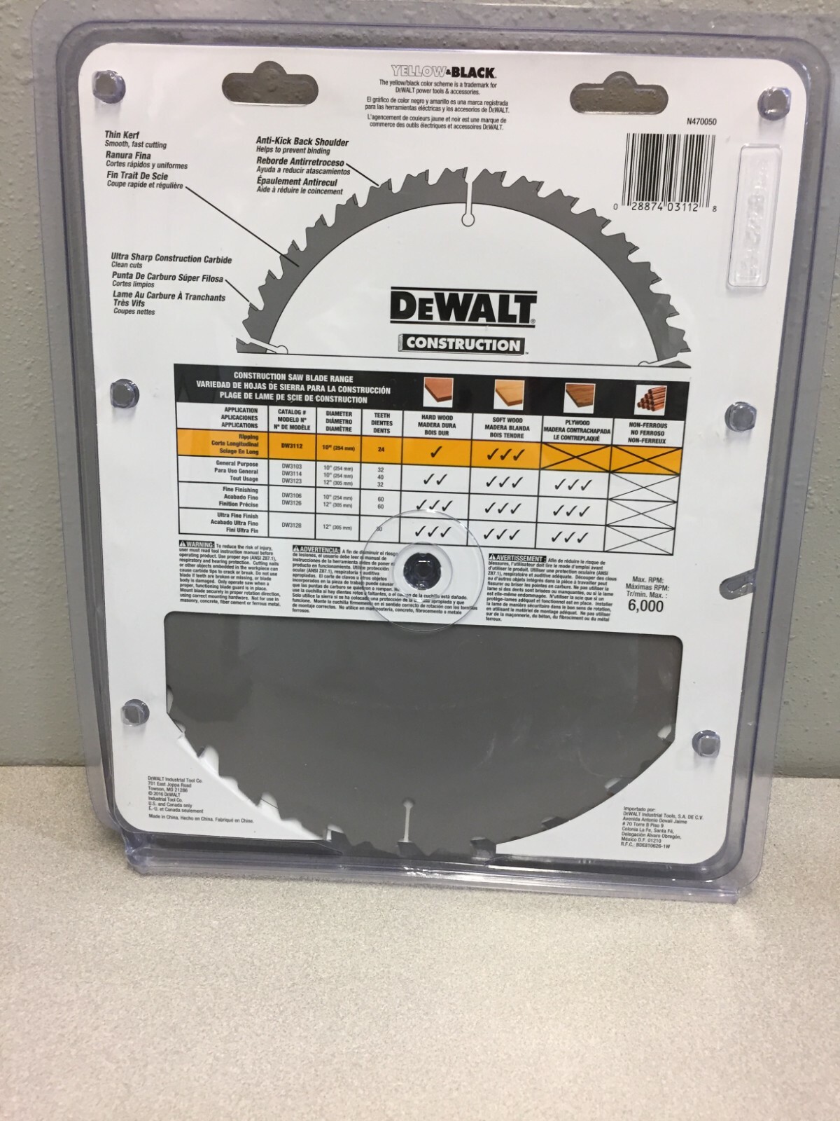 DeWalt DW3112 10 in. Dia. x 5/8 in. Carbide Circular Saw Blade 24 teeth