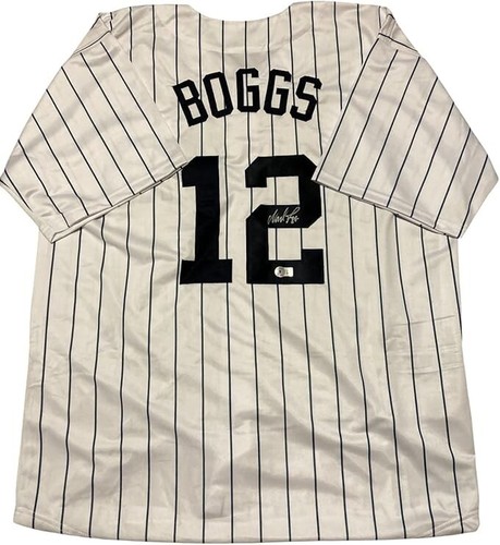 Autographed/Signed Wade Boggs New York Pinstripe Baseball Jersey Beckett BAS COA