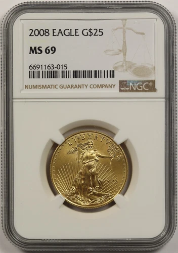 2008 Gold Eagle $25 Half-Ounce MS 69 NGC 1/2 oz Fine Gold