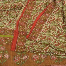 Sanskriti Vintage Saree Multicolor Pure Crepe Hand Bead-Printed Sari 5 YD Fabric