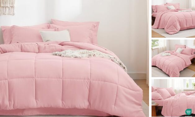 Pink Comforter Set - 7 Pieces Solid Bed in a Bag Bed Set Pink Queen 07 - Pink