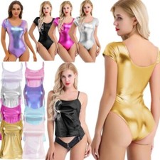 DE Damen Glänzendes Lackleder Bodysuit Kurzarm Einteilige Leotard Tanzkleidung