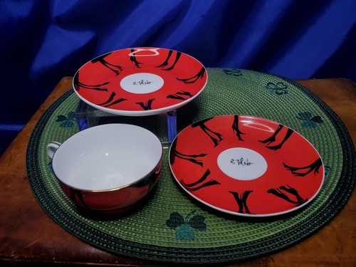 1 Red Tea Cup 2 Saucers Black Heels Porcelain Lot Signed R Toledo Nordstrom - Picture 15 of 19