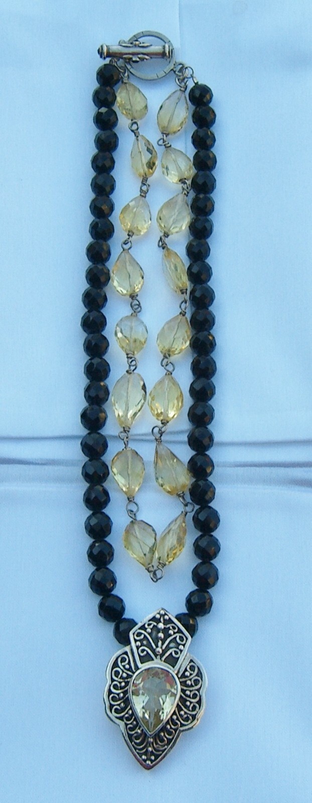 Sterling Silver Citrine Pendant with Onyx Faceted Double Necklace