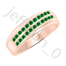 0.90Ct Lab Created Emerald 14K Rose Gold Over Two Rows Wedding Band Men's Ring