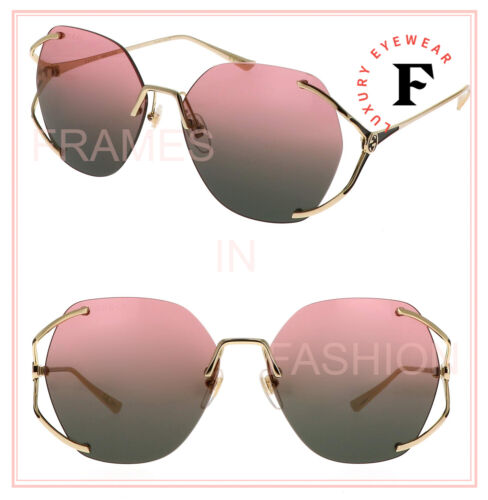 GUCCI 0651 Gold Pink Oval Fork Rimless Metal Sunglasses GG0651S Authentic 001 - Afbeelding 1 van 6