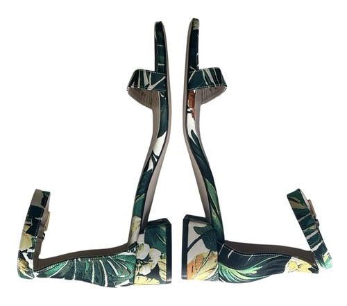 STUART WEITZMAN Botanic Green Ankle Strap Block Heel Jacquard Sandals sz 7.5 - Picture 16 of 22