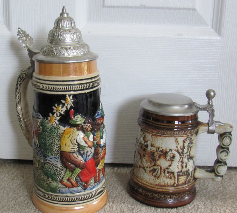 Two Vintage German Beer Steins 6" (Gerzil) and 11" (unknown) Lidded Mint Cond.