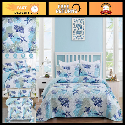 Ocean Beach Themed Full Size Quilt Set, Lightweight Microfiber Bedspread, Coral