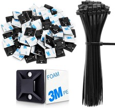 50 Sets Cable Zip Tie Mounts Kit with Self Adhesive 3/4" Wire Small, Black