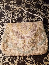Vintage Beaded Evening Bag Ivory Floral Clutch Purse Bridal Formal Mini Handbag
